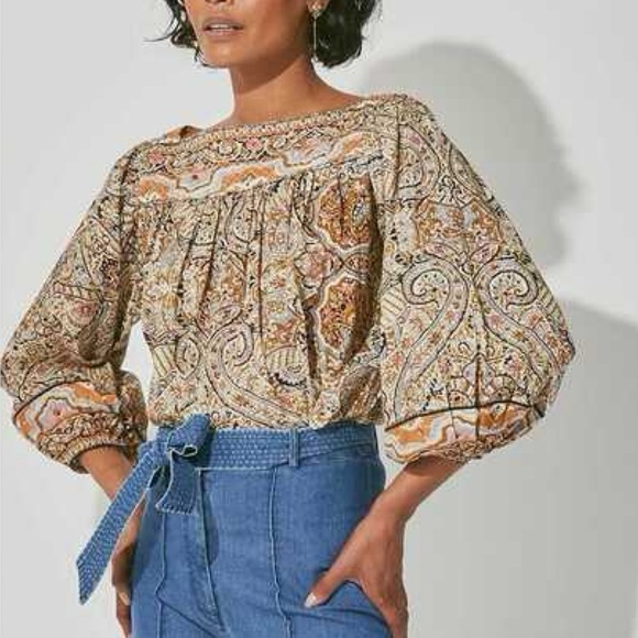 Cleobella Tops - Cleobella Medium Teagan Paisley Kaleidoscope Puff-Sleeve Tan Quilted Blouse Top
